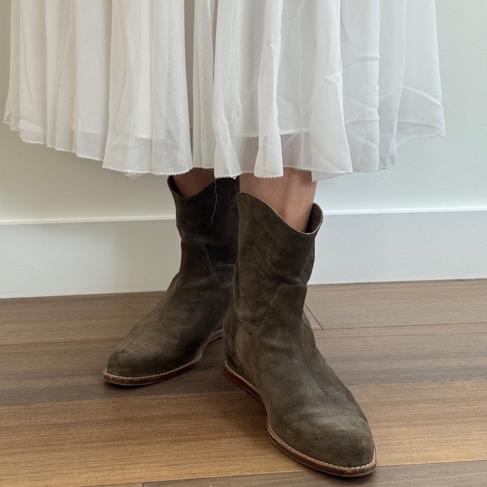 Vince Olive Brown Suede Ankle Booties with Western Flair